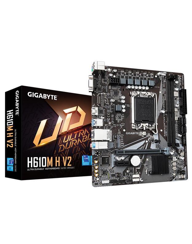 Mainboard|GIGABYTE|Intel H610|LGA1700|Micro-ATX|Memory DDR5|Memory slots 2|1xPCI-Express 3.0 1x|1xPCI-Express 4.0 16x|1xM.2|1x15pin D-sub|1xHDMI|4xUSB 2.0|2xUSB 3.2|1xPS/2|1xRJ45|3xAudio port|H610MHV21.0