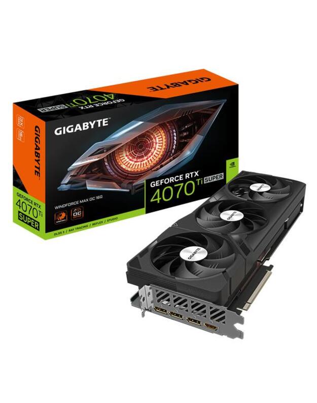 Graphics Card|GIGABYTE|NVIDIA GeForce RTX 4070 Ti SUPER|16 GB|GDDR6X|256 bit|PCIE 4.0 16x|GPU 2655 MHz|Triple slot Fansink|1xHDMI|3xDisplayPort|GV-N407TSWF3MAXOC-16GD