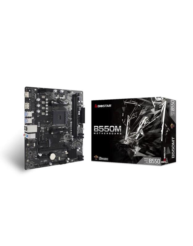 Mainboard|BIOSTAR|AMD B550|SAM4|Micro-ATX|Memory DDR4|Memory slots 2|2xPCI-Express 3.0 1x|1xPCI-Express 3.0 16x|1xPCI-Express 4.0 16x|1xM.2|1x15pin D-sub|1xHDMI|1xDisplayPort|6xUSB 2.0|6xUSB 3.2|1xUSB-C|3xAudio port|B550MT