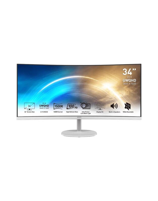 LCD Monitor|MSI|PRO MP341CQW|34 |Business/Curved/21 : 9|Panel VA|3440x1440|21:9|100Hz|Matte|4 ms|Speakers|Tilt|Colour White|PROMP341CQW