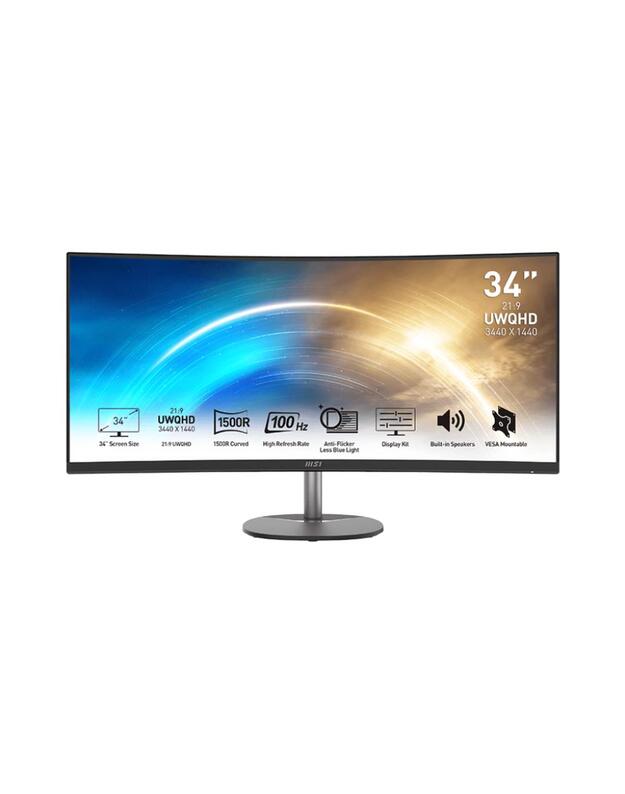 LCD Monitor|MSI|PRO MP341CQ|34 |Business/Curved/21 : 9|Panel VA|3440x1440|21:9|100Hz|Matte|4 ms|Speakers|Tilt|PROMP341CQ