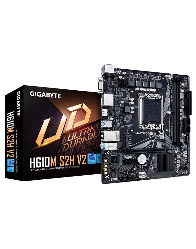 Mainboard|GIGABYTE|Intel H610|LGA1700|Micro-ATX|Memory DDR5|Memory slots 2|1xPCI-Express 3.0 1x|1xPCI-Express 4.0 16x|1xM.2|1x15pin D-sub|1xHDMI|2xDisplayPort|4xUSB 2.0|2xUSB 3.2|1xPS/2|1xRJ45|3xAudio port|H610MS2HV21.0