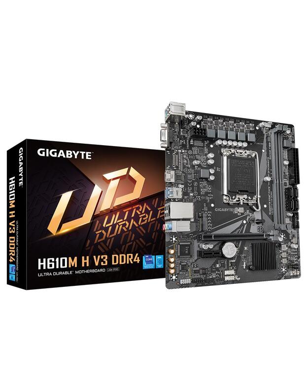 Mainboard|GIGABYTE|Intel H610|LGA1700|Micro-ATX|Memory DDR4|Memory slots 2|1xPCI-Express 3.0 1x|1xPCI-Express 4.0 16x|1xM.2|1x15pin D-sub|1xHDMI|4xUSB 2.0|2xUSB 3.2|1xPS/2|1xRJ45|3xAudio port|H610MHV3DDR4