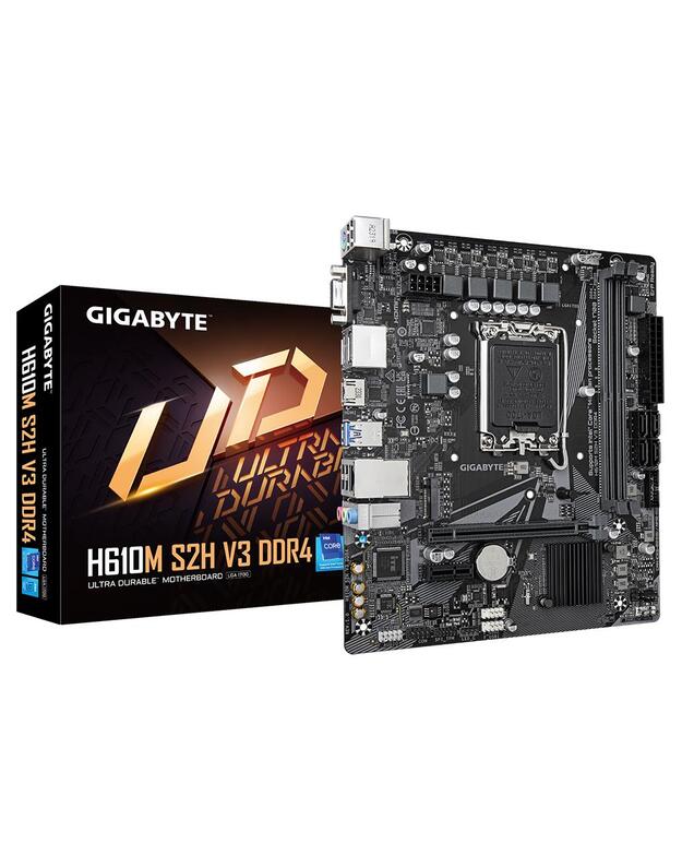 Mainboard|GIGABYTE|Intel H610|LGA1700|Micro-ATX|Memory DDR4|Memory slots 2|1xPCI-Express 3.0 1x|1xPCI-Express 4.0 16x|1xM.2|1x15pin D-sub|1xHDMI|2xDisplayPort|4xUSB 2.0|2xUSB 3.2|1xPS/2|1xRJ45|3xAudio port|H610MS2HV3DDR4