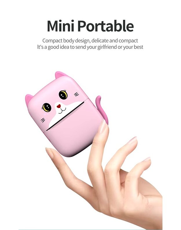 Cat Mini A8E Kid Thermal spausdintuvas + popieriaus ritinėlių ir flomasterių komplektas, rožinis