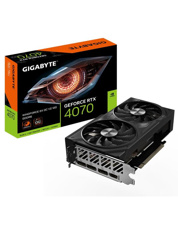 Graphics Card|GIGABYTE|NVIDIA GeForce RTX 4070|12 GB|GDDR6|192 bit|PCIE 4.0 16x|GPU 2490 MHz|Dual Slot Fansink|1xHDMI|3xDisplayPort|GV-N4070WF2OCV2-12GD