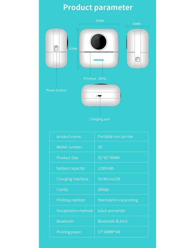 Nešiojamas vaikiškas terminis spausdintuvas Cat Mini Printer X5, rožinis + DOVANA (3 spalvoti rulonėliai)