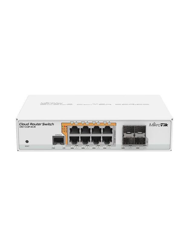 Switch|MIKROTIK|8x10Base-T / 100Base-TX / 1000Base-T|4xSFP|1xConsole|CRS112-8P-4S-IN