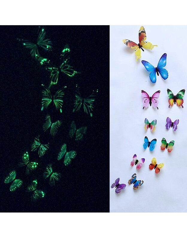 3D MIX šviečiančių fluorescentinių drugelių rinkinys, 12 vnt